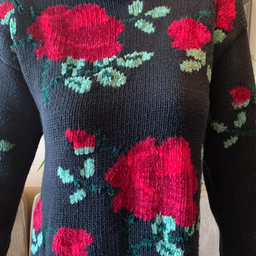 80’s ROSES FLORAL SWEATER CHENILLE - Picture 2 of 14